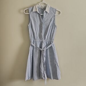 Larry Levine Vintage Vertical Conductor Stripe Blue White Dress Waist Tie Collar